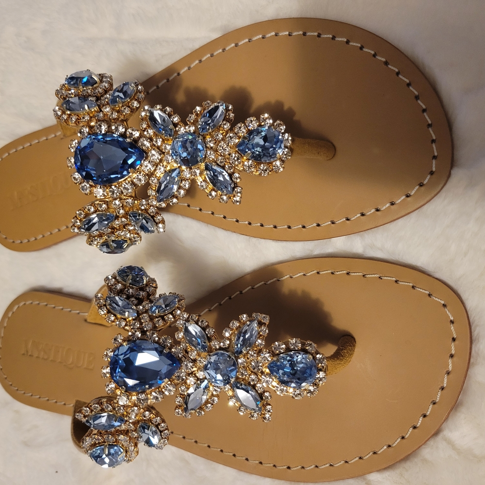 Mystique Blue and Tan Sandals with Jeweled Embellishments and Floral Design